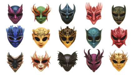 • A collection of Halloween masks with colorful designs, isolated on white background in HD 