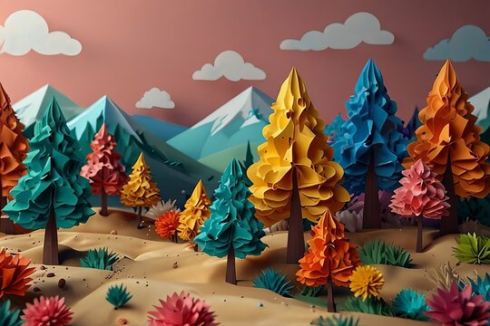 Whimsical paper craft forest landscape with colorful trees and mountains