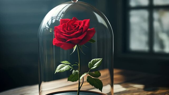 A single red rose under a glass dome on a wooden table. The background features a softly lit window, creating a serene atmosphere. looper, loop,