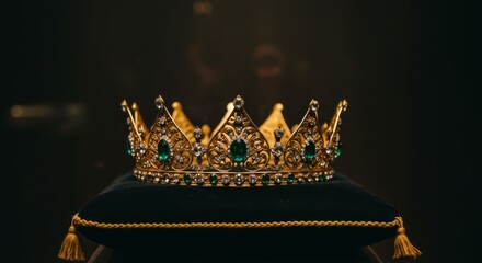 Regal Golden Crown with Emerald Jewels - A majestic golden crown, adorned with sparkling emeralds and diamonds, rests elegantly on a dark velvet cushion.