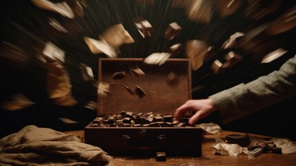 Wooden box overflowing with chocolate