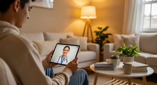 Virtual Doctor Visit Modern Healthcare Telemedicine Technology for Convenient Patient Care and Consultation at Home Using a Tablet - Powered by Adobe
