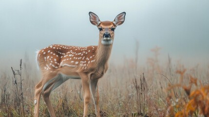 Young deer in a misty field