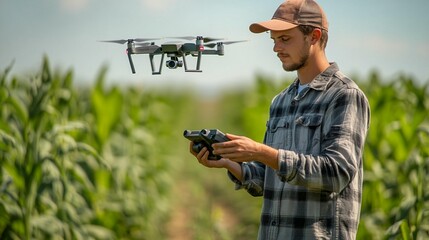 Young farmer controls a drone over a cornfield