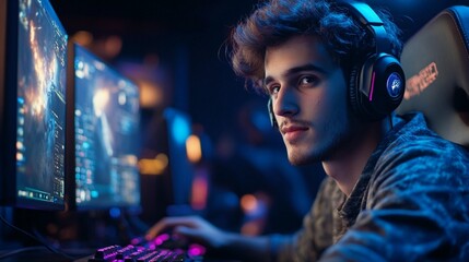 Young male gamer engrossed in a game on a computer