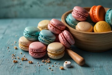 Colorful french macarons in a wooden bowl with scattered crumbs