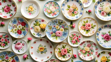 A collection of floral patterned plates arranged artfully