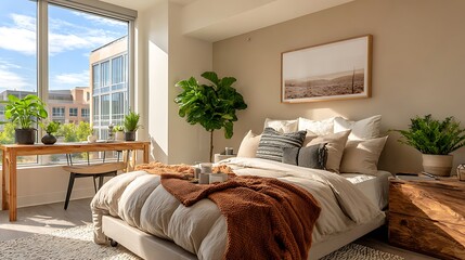 Minimalist bedroom corner with made bed and desk in a small urban studio apartment, clean wall area on right perfect for lifestyle branding and copy placement.