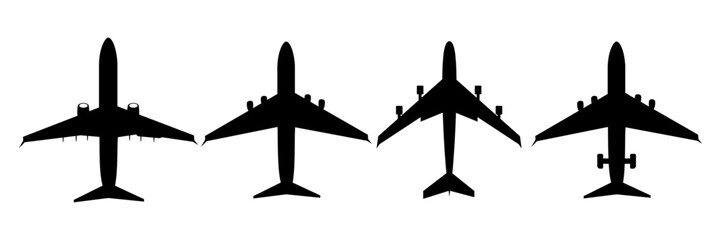 airplane silhouette vector. set of black aircraft silhouette. airplane icon collection. , flat vector symbol on transparent background.