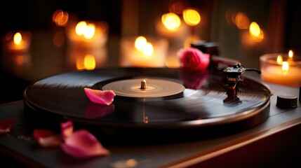 Record player with candles and rose petals