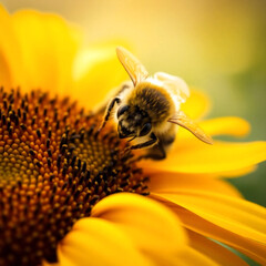 Detailed macro of a fuzzy yellow and black honeybee on light natural background  