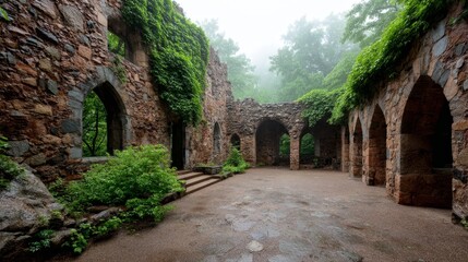 Obraz premium Overgrown stone arches in a misty forgotten courtyard with greenery and shadows enhancing a mysterious, atmospheric ambiance