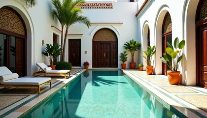 Luxurious Moroccan riad courtyard with a sparkling swimming pool and lush tropical plants