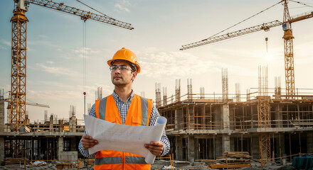 Realistic photo of a male construction worker wearing a hard hat and safety vest, holding building plans and looking at a construction site with cranes