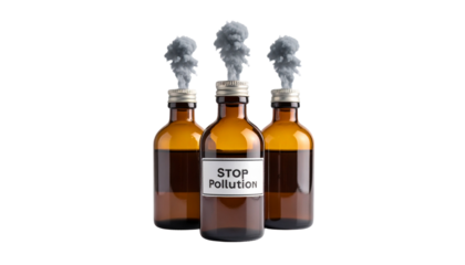 Factory chimneys emitting dark smoke in a bottle labelled “Stop Pollution”, isolated on transparent background