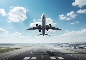 Commercial passenger airplane in the takeoff phase, ascending from an airport runway into a beautiful blue sky with sun rays, representing the concept of travel and journey.
