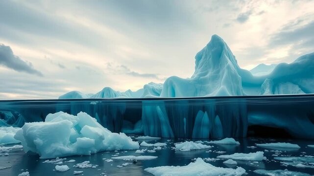 Majestic icebergs float in the frigid waters of the arctic, creating a stunning landscape