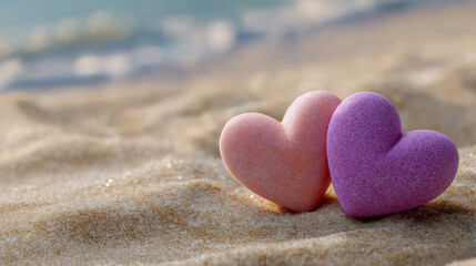 Fototapeta premium Two Candy Hearts Resting on a Beach at Sunrise