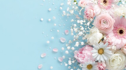 Delicate pastel flowers arranged on a light blue background.