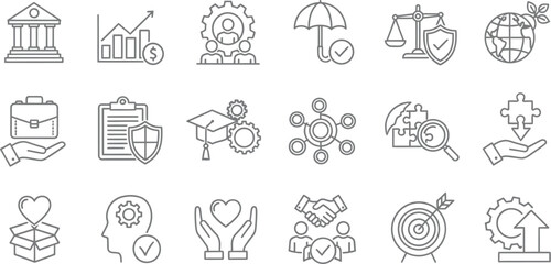 Fototapeta premium Collection of flat line icons representing business, finance, education, teamwork, and social responsibility