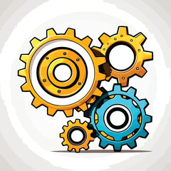Cartoon Style Gears System Illustration A Vibrant And Playful Image Of Interlocking Gears In Yellow And Blue Perfect For Conveying Concepts Of Teamwork Mechanics And Collaboration In A Visually