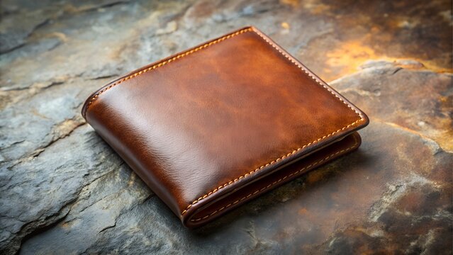 A rich brown leather wallet rests on a textured stone surface