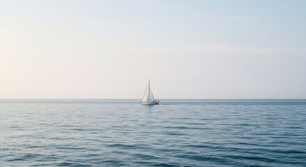 Obraz premium Solitary Sailboat on Calm Ocean - A single sailboat peacefully sails across a tranquil ocean, symbolizing freedom, serenity, journey, exploration, and hope