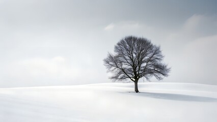 A solitary bare tree stands in a vast snowy landscape