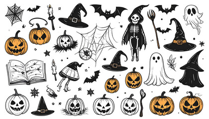 Fototapeta premium This vector set features a spooky, cartoon Halloween illustration with iconic bats, ghosts, pumpkins, and witches, perfect for autumn holiday designs