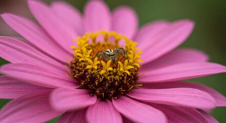 Spider on Pink Flower - Close-up of a small spider resting in the center of a vibrant pink flower