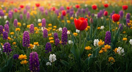 Fototapeta premium Spring Meadow Abundance - Vibrant spring meadow bursting with colorful tulips, hyacinths, and wildflowers bathed in warm sunlight