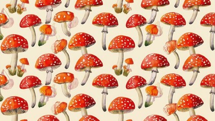 seamless watercolor pattern with fly agarics