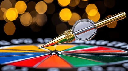Golden Dart Piercing Colorful Dartboard Center with Bokeh Lights
