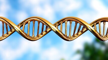 Golden DNA Helix Against Blue Sky and Green Trees