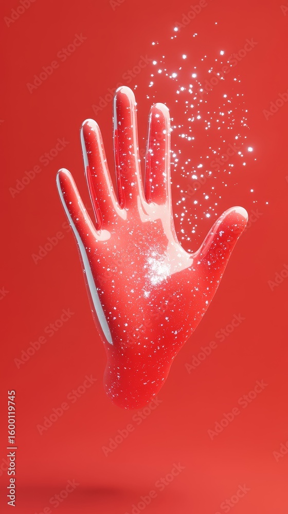 Poster a glossy red hand emerging from a vibrant red background, sprinkled with sparkles, creating a captiv