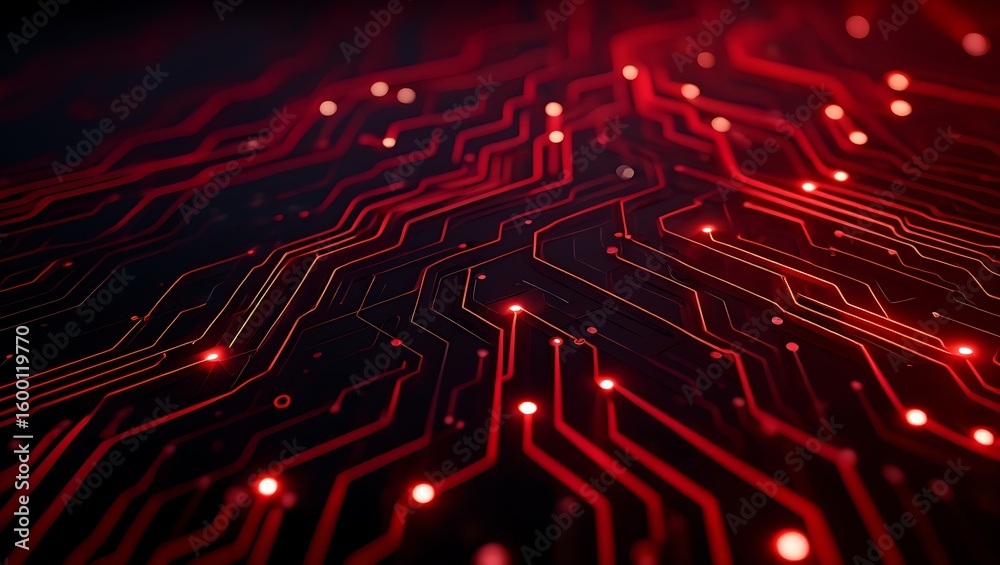 Wall mural abstract red circuit board with glowing lights representing data flow and technological advancement