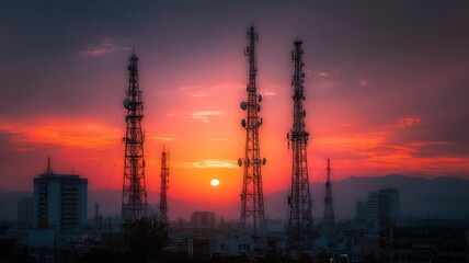 Sunset skyline with silhouetted communication towers. Artificial intelligence image