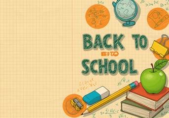 Welcome Back to school horizontal banner, doodle on checkered paper background, vector, illustration. wallpaper, A vibrant graphic design of a "Back to School" banner on a grid paper background