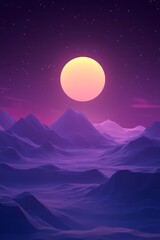 Fototapeta premium A stunning portrayal of a surreal landscape featuring a large sun casting its glow on majestic purple mountains. An enchanting visual experience.