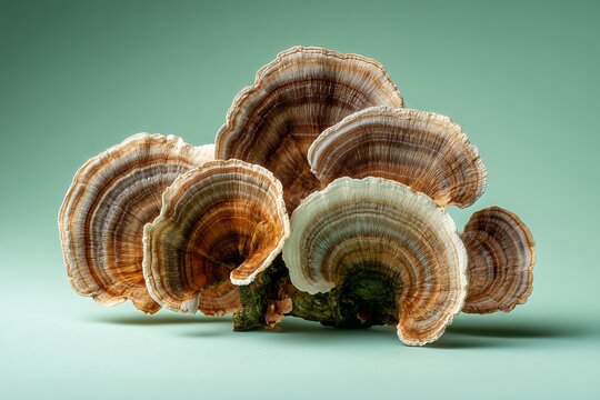 Close up of turkey tail mushrooms against a mint green background