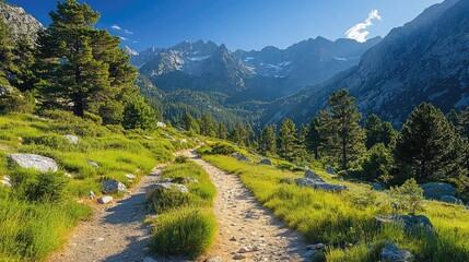 Obraz premium Summer hiking through sunlit forests rocky paths and mountain peaks with active travelers enjoying outdoor exercise exploration and scenic views under clear blue skies