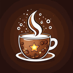 Obraz premium Cute Coffee Cup Cartoon Illustration Adorable Stylized Design Of A Coffee Cup Decorated With Coffee Beans And A Star Perfect For Warm Beverage Themes And Cheerful Branding In Digital Art
