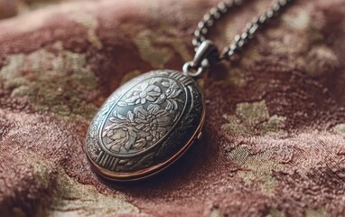 Antique Necklace Locket on Fabric Background; for remembrance, family heirloom