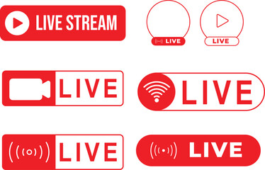 Live Stream Buttons Set — Red Broadcast Icons for Streaming, Video, and Online Media
