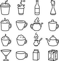 Fototapeta premium Vector illustration set of drink icons. Coffee cup, teapot, mug, and glass outline symbols.