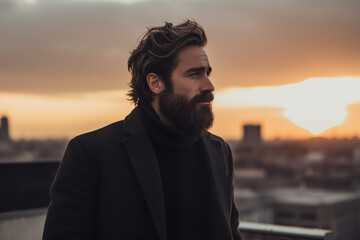Fashionable Male Model with Beard in Sunset Light

