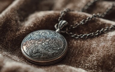 Naklejka premium Necklace Pendant Close-up on Velvet Fabric, Floral Detailing; Gift Guide, Jewelry