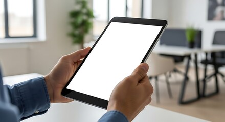 Hands holding a tablet with a blank white screen in an office setting