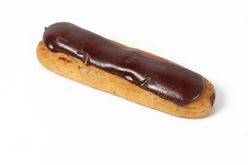 Chocolate éclair on a white background