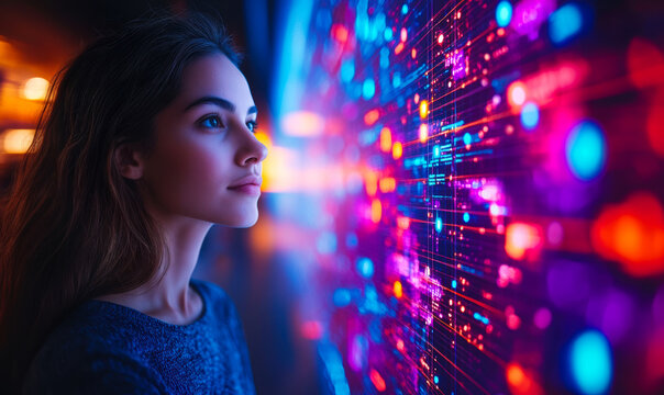 Young woman analyzing colorful illuminated digital data visualization with futuristic technology and artificial intelligence concept in dark room